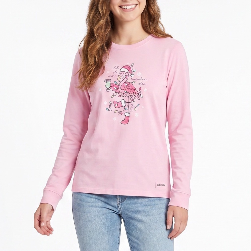 Life is Good T-Shirt Womens XS Crusher Pink Flamingo Christmas Graphic Excellent